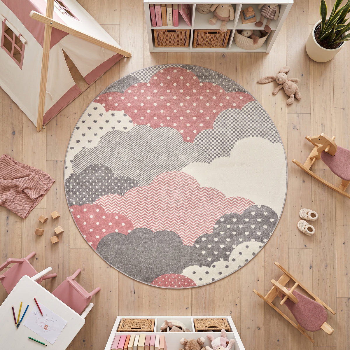 Bambi Pink and Grey Clouds Kids Rug, Soft 13mm Pile Nursery and Playroom Rug, Hessian Backed, Round Sizes