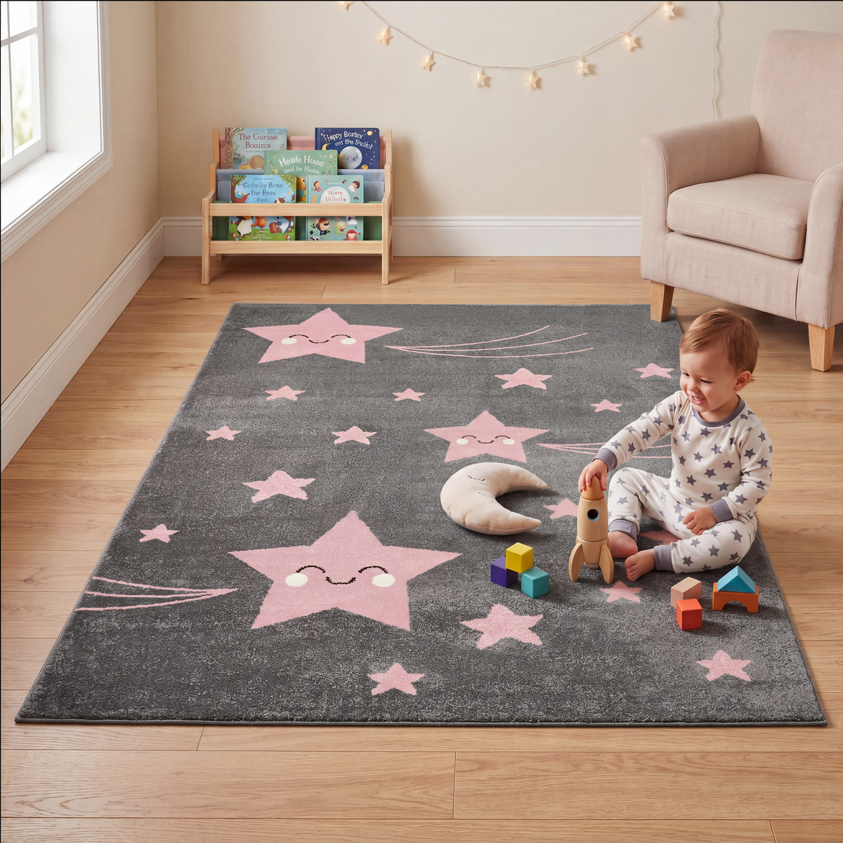 Tapis Étoiles roses et grises - Enfants