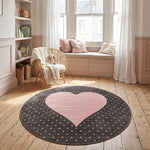 Bambi Pink and Grey Hearts Kids Rug, Soft 13mm Pile Nursery and Playroom Rug, Hessian Backed, Round Sizes