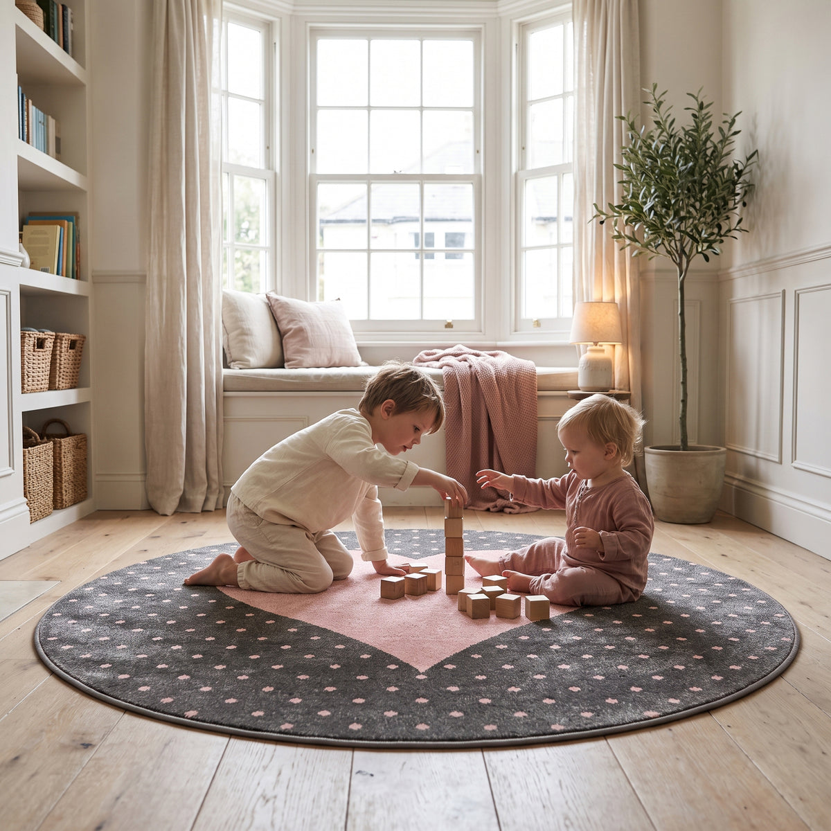 Bambi Pink and Grey Hearts Kids Rug, Soft 13mm Pile Nursery and Playroom Rug, Hessian Backed, Round Sizes