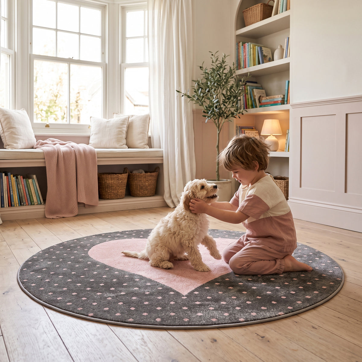 Bambi Pink and Grey Hearts Kids Rug, Soft 13mm Pile Nursery and Playroom Rug, Hessian Backed, Round Sizes