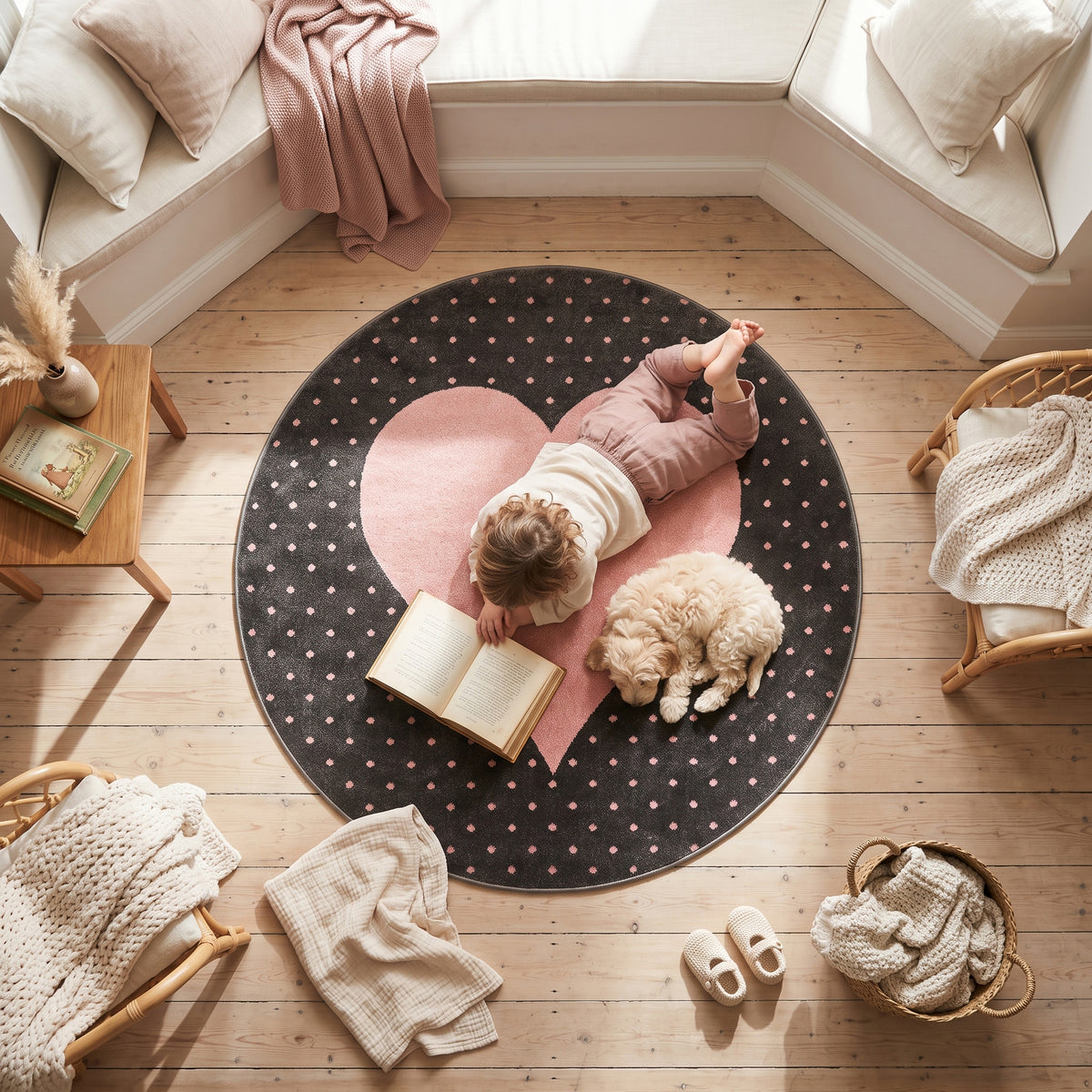 Bambi Pink and Grey Hearts Kids Rug, Soft 13mm Pile Nursery and Playroom Rug, Hessian Backed, Round Sizes