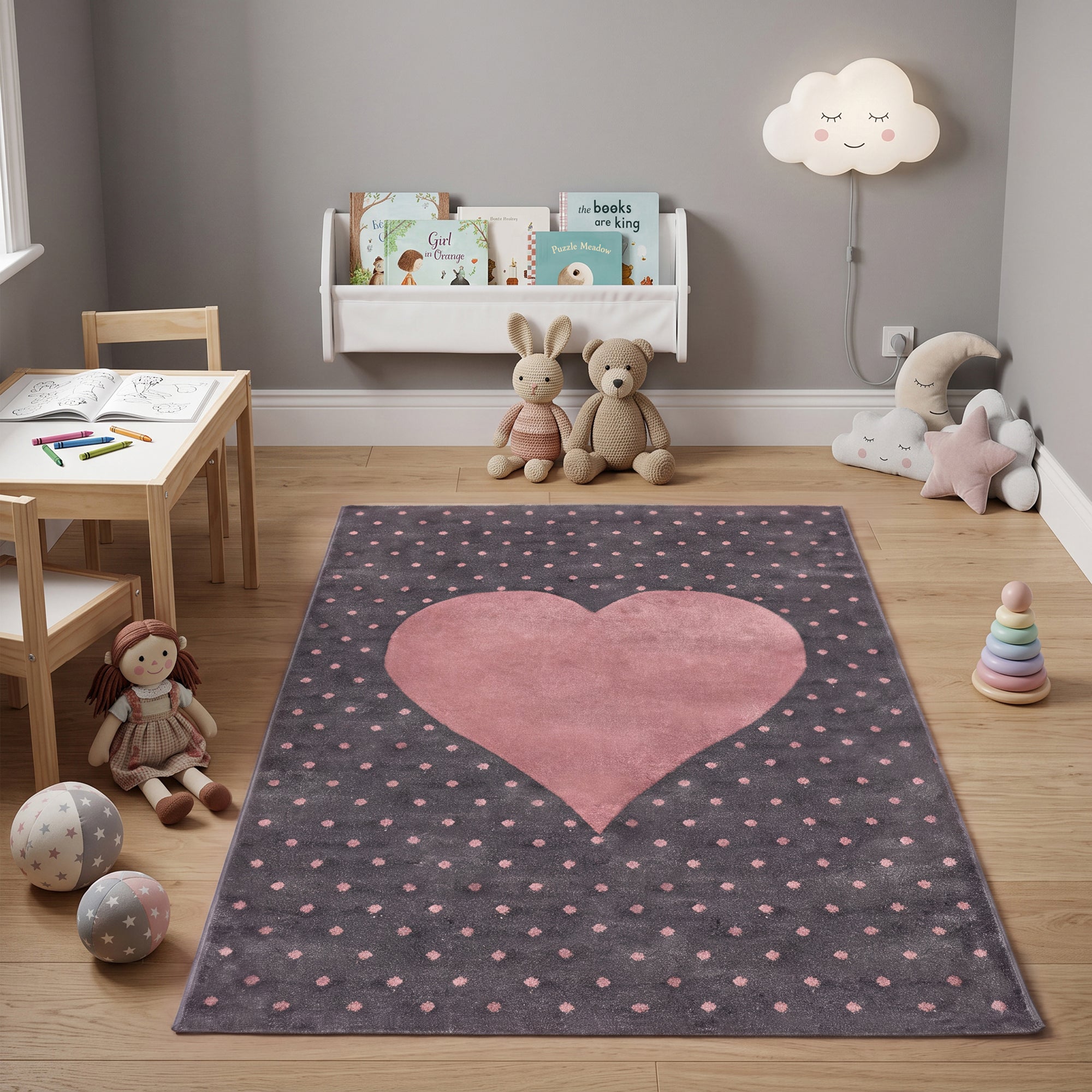 Bambi Pink and Grey Hearts Kids Rug, Soft 13mm Pile Nursery and Playroom Rug, Hessian Backed, Round Sizes