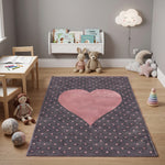 Bambi Pink and Grey Hearts Kids Rug, Soft 13mm Pile Nursery and Playroom Rug, Hessian Backed, Round Sizes