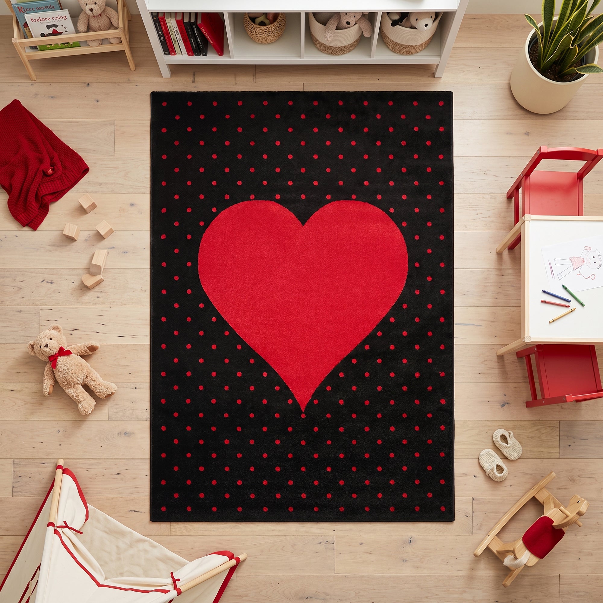 Bambi Red and Black Hearts Kids Rug, Soft 13mm Pile Bedroom and Playroom Rug, Hessian Backed, Round Sizes
