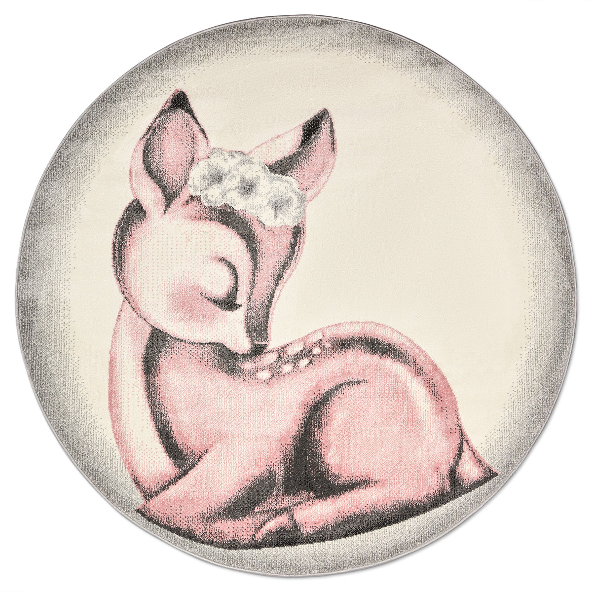 Bambi Pink Sleeping Fawn Kids Rug, Soft 13mm Pile Nursery and Playroom Rug, Hessian Backed, Round Sizes