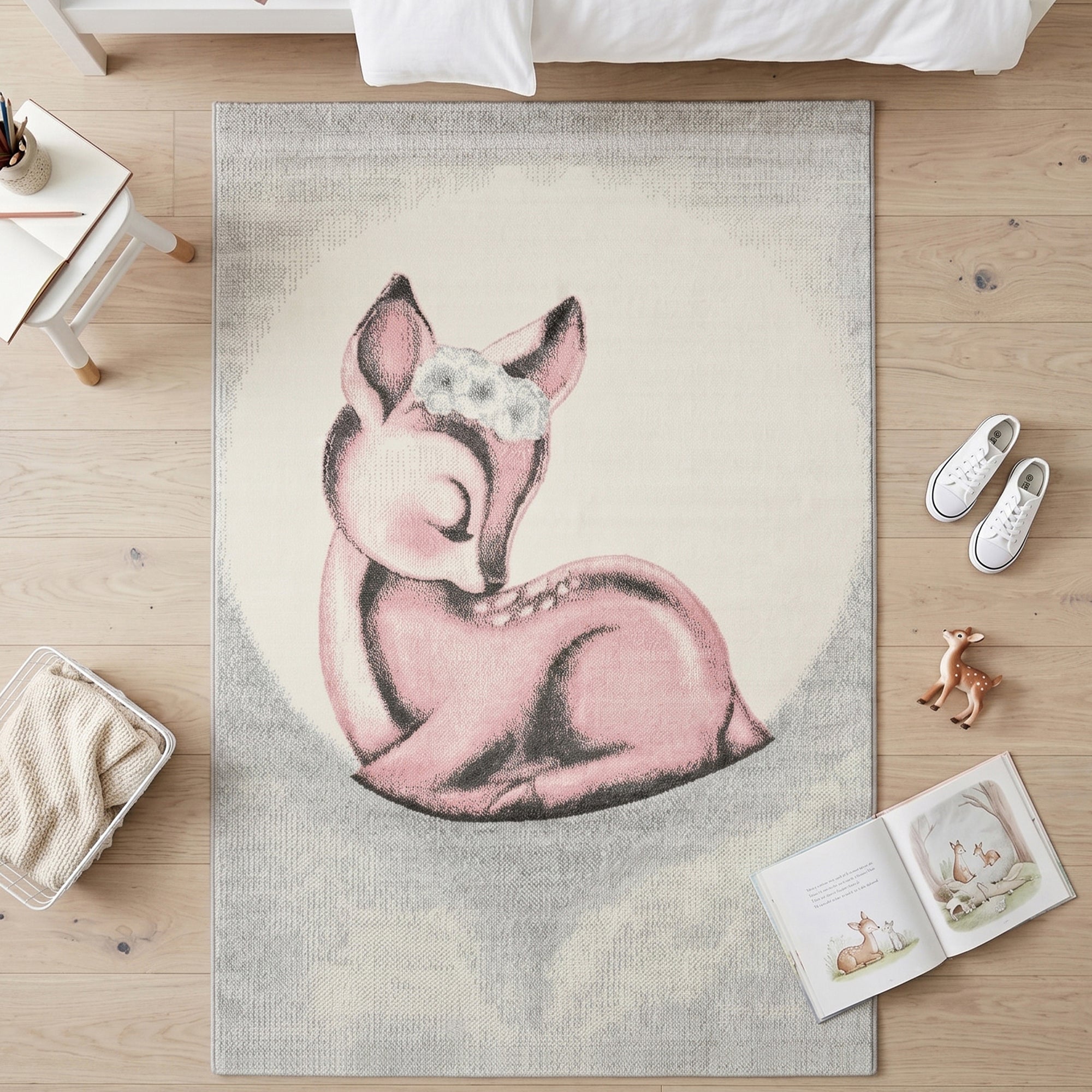 Bambi Pink Sleeping Fawn Kids Rug, Soft 13mm Pile Nursery and Playroom Rug, Hessian Backed, Round Sizes