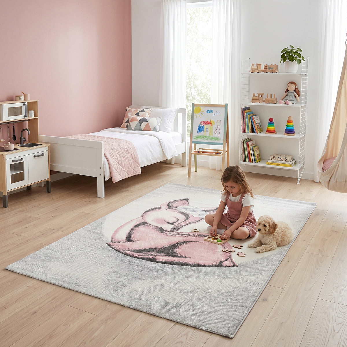 Bambi Pink Sleeping Fawn Kids Rug, Soft 13mm Pile Nursery and Playroom Rug, Hessian Backed, Round Sizes