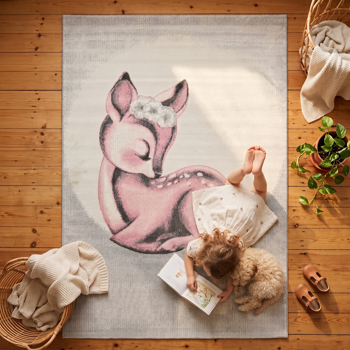Bambi Pink Sleeping Fawn Kids Rug, Soft 13mm Pile Nursery and Playroom Rug, Hessian Backed, Round Sizes