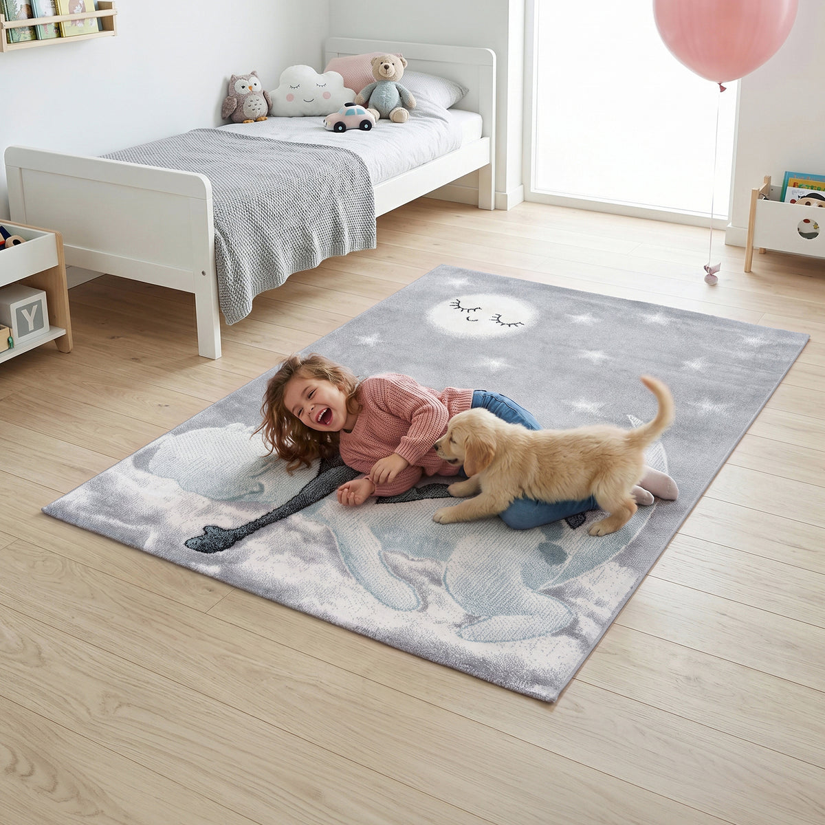 Bambi Sleeping Dinosaur Kids Rug, Blue and Grey Nursery and Kids Bedroom Play Mat, Soft 13mm Pile, Rectangle and Round