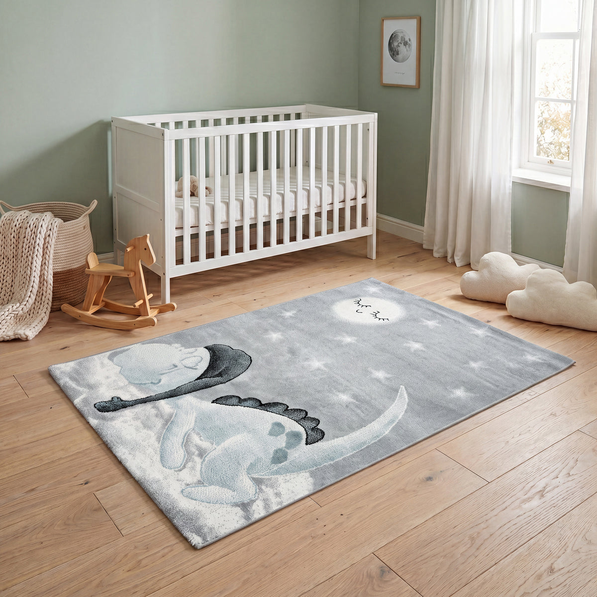Bambi Sleeping Dinosaur Kids Rug, Blue and Grey Nursery and Kids Bedroom Play Mat, Soft 13mm Pile, Rectangle and Round