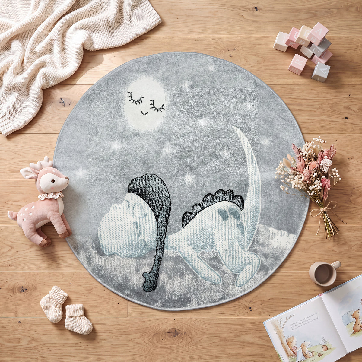 Bambi Sleeping Dinosaur Kids Rug, Blue and Grey Nursery and Kids Bedroom Play Mat, Soft 13mm Pile, Rectangle and Round