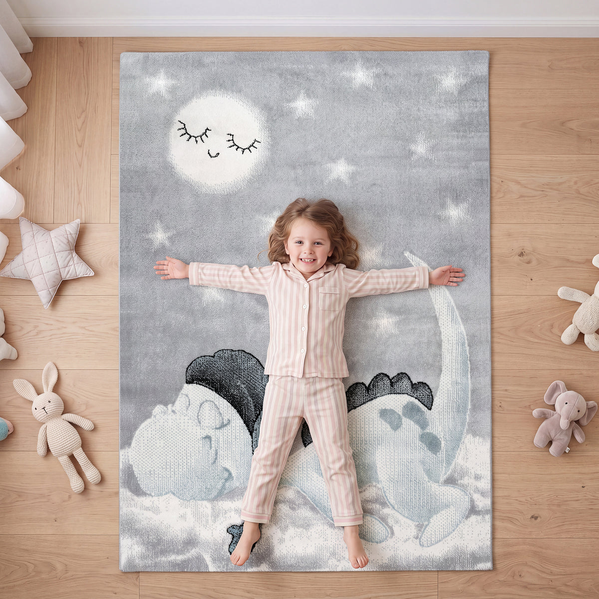 Bambi Sleeping Dinosaur Kids Rug, Blue and Grey Nursery and Kids Bedroom Play Mat, Soft 13mm Pile, Rectangle and Round