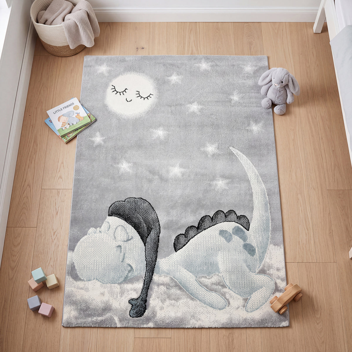 Bambi Sleeping Dinosaur Kids Rug, Blue and Grey Nursery and Kids Bedroom Play Mat, Soft 13mm Pile, Rectangle and Round