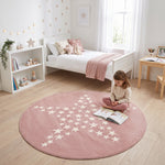 Bambi Pink Stars Kids Rug, Soft 13mm Pile Nursery and Playroom Rug, Hessian Backed, Rectangle and Round Sizes