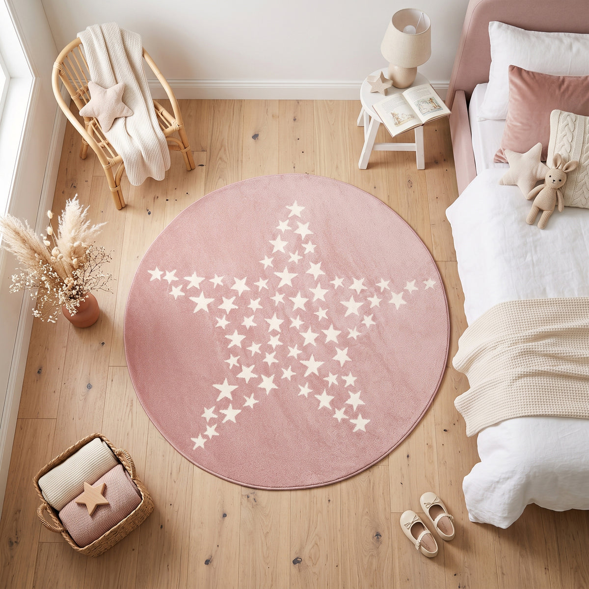 Bambi Pink Stars Kids Rug, Soft 13mm Pile Nursery and Playroom Rug, Hessian Backed, Rectangle and Round Sizes
