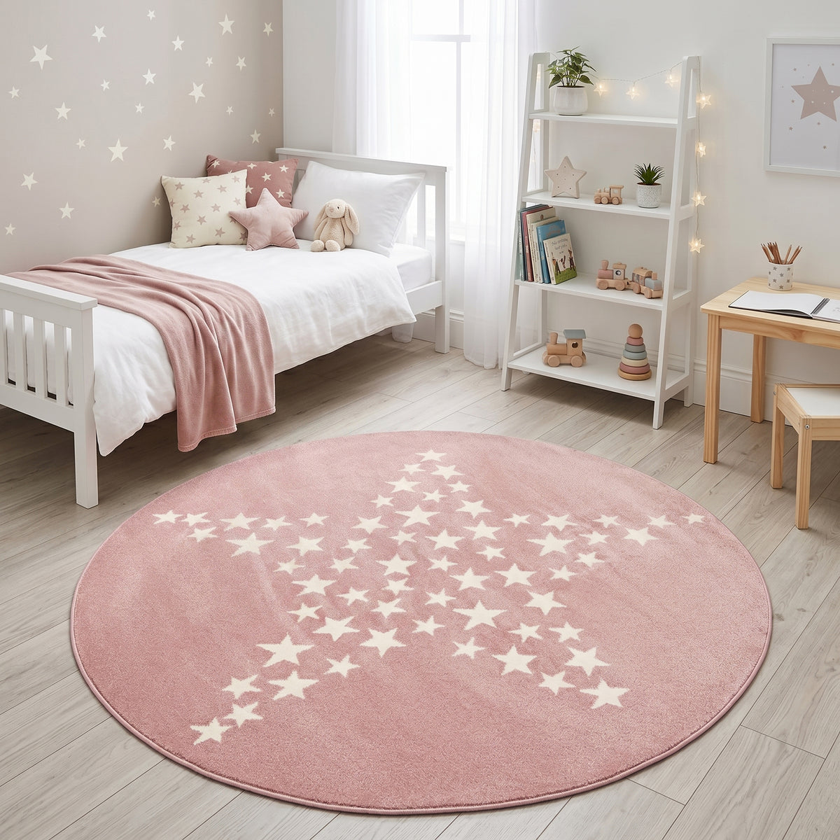 Bambi Pink Stars Kids Rug, Soft 13mm Pile Nursery and Playroom Rug, Hessian Backed, Rectangle and Round Sizes