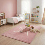 Bambi Pink Stars Kids Rug, Soft 13mm Pile Nursery and Playroom Rug, Hessian Backed, Rectangle and Round Sizes