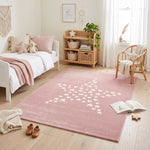 Bambi Pink Stars Kids Rug, Soft 13mm Pile Nursery and Playroom Rug, Hessian Backed, Rectangle and Round Sizes