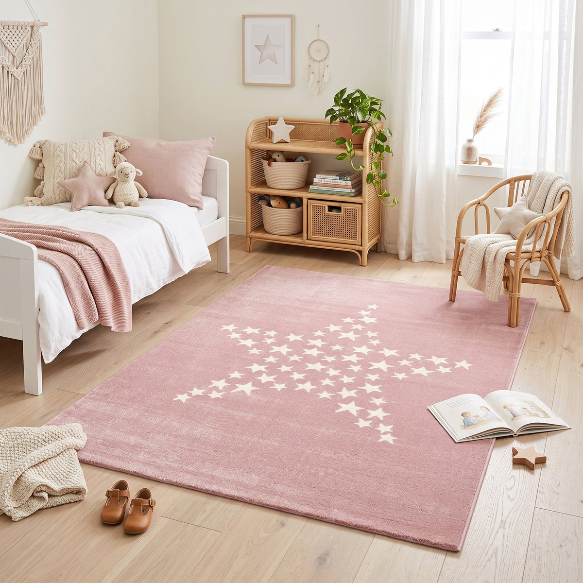 Bambi Pink Stars Kids Rug, Soft 13mm Pile Nursery and Playroom Rug, Hessian Backed, Rectangle and Round Sizes