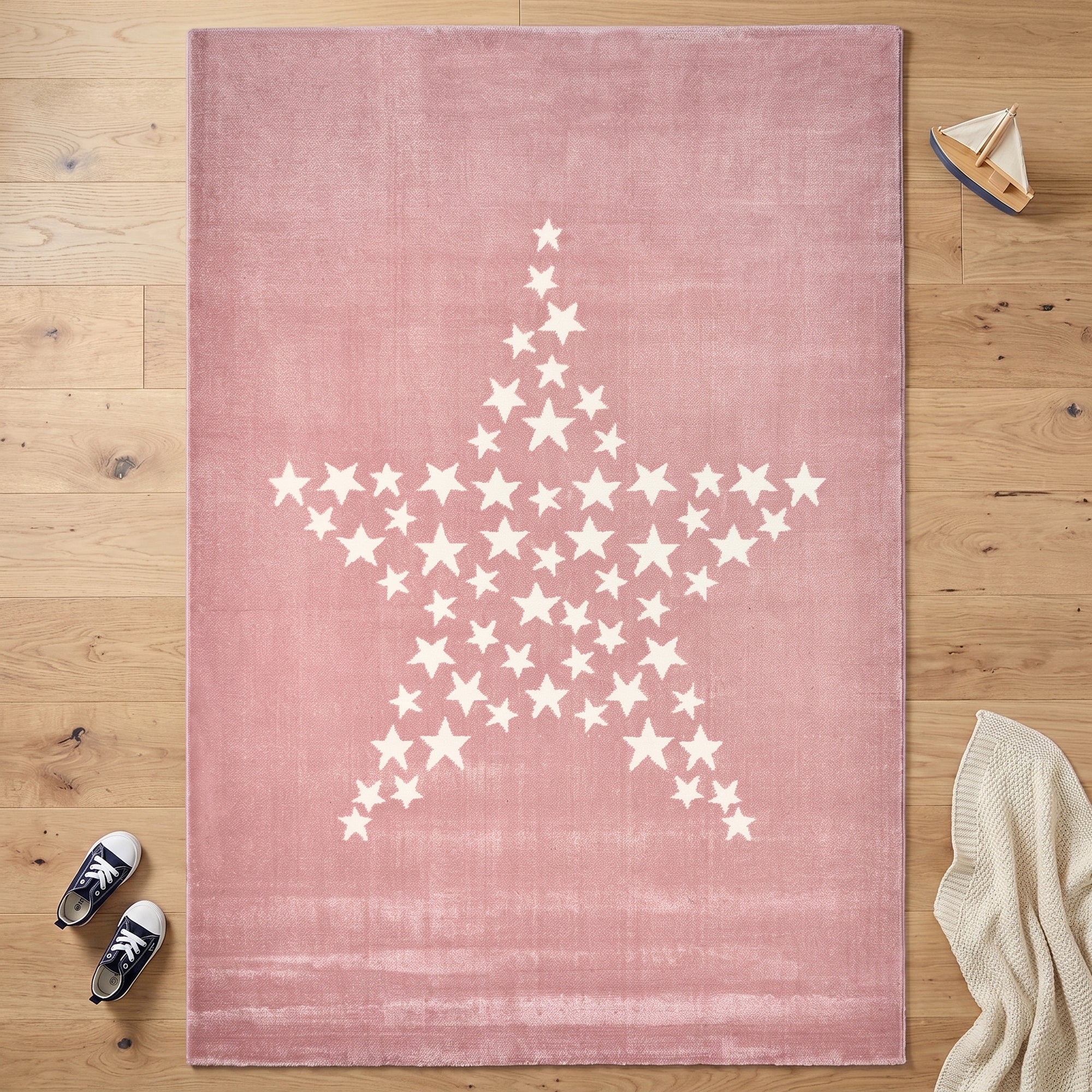 Bambi Pink Stars Kids Rug, Soft 13mm Pile Nursery and Playroom Rug, Hessian Backed, Rectangle and Round Sizes