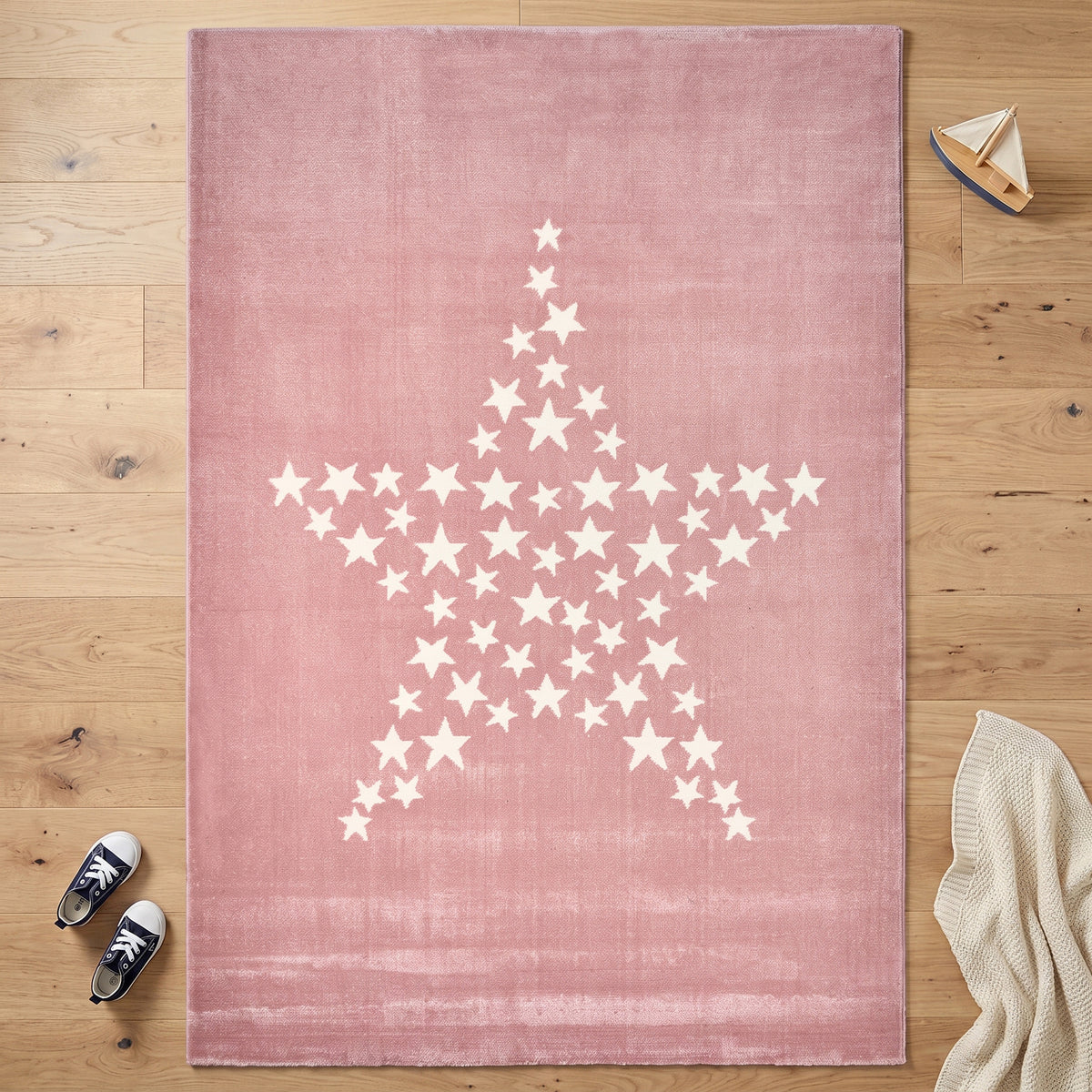 Bambi Pink Stars Kids Rug, Soft 13mm Pile Nursery and Playroom Rug, Hessian Backed, Rectangle and Round Sizes