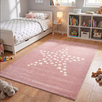 Bambi Pink Stars Kids Rug, Soft 13mm Pile Nursery and Playroom Rug, Hessian Backed, Rectangle and Round Sizes