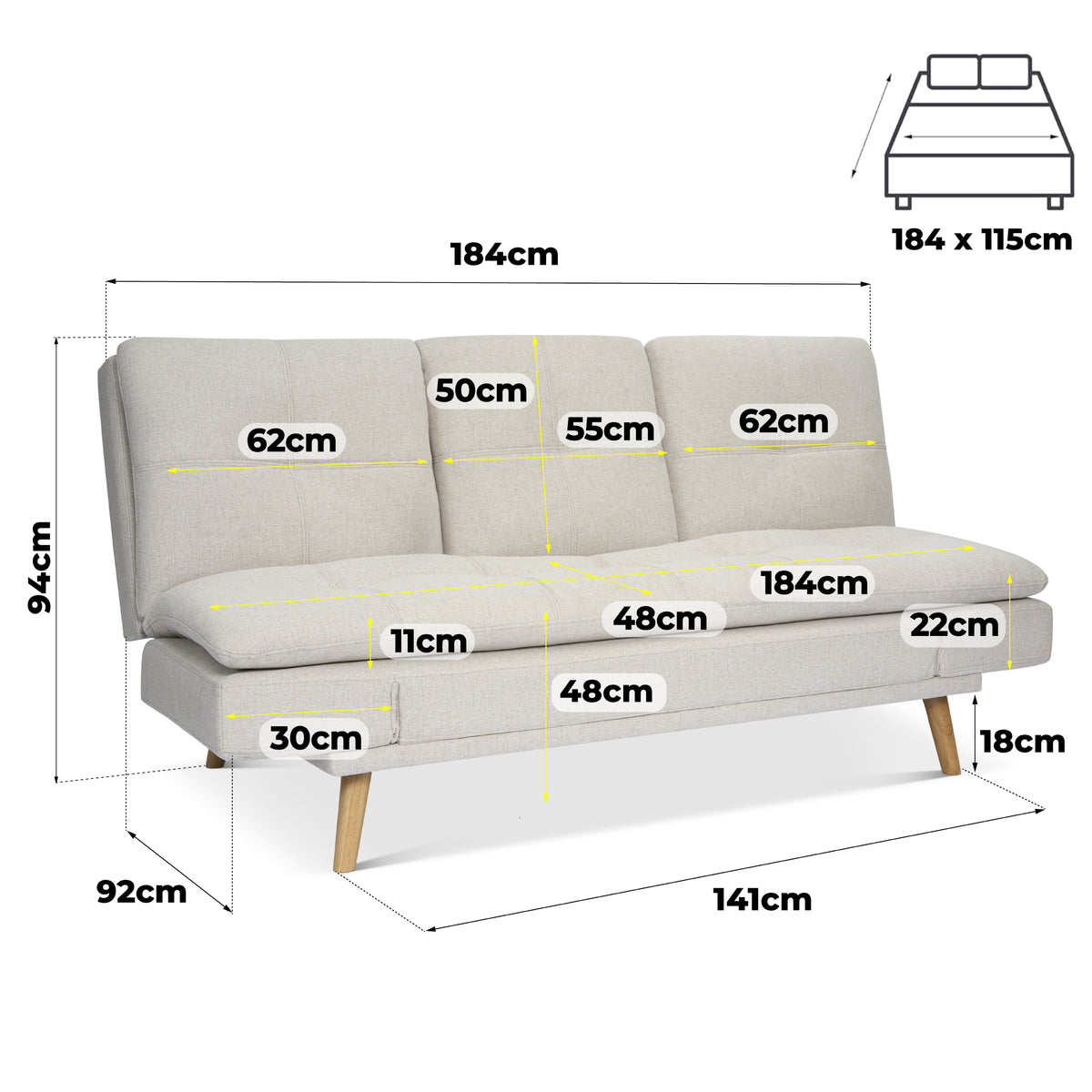 Soho Click Clack Sofa Bed, Beige Linen Blend 3 Seater 4-in-1 Convertible Sofa with Drinks Table and Cup Holders