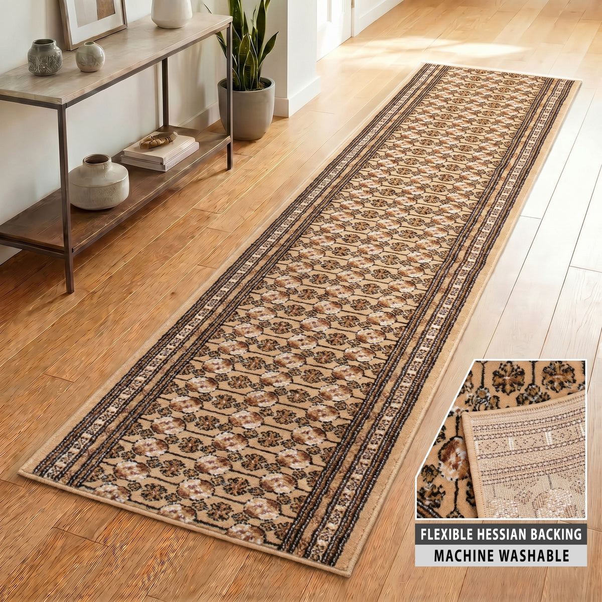Beige Bokhara Stair Runner, Traditional Hessian Backed Hallway Carpet Runner, 60cm Wide, 9mm Pile, Custom Lengths