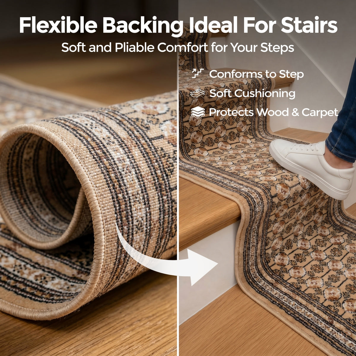Beige Bokhara Stair Runner, Traditional Hessian Backed Hallway Carpet Runner, 60cm Wide, 9mm Pile, Custom Lengths