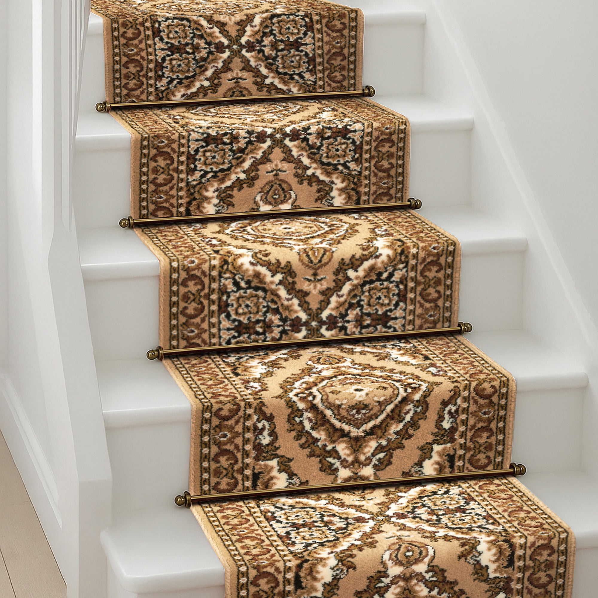 Beige Medallion Stair Runner, Traditional Hessian Backed Hallway Carpet Runner, 60cm Wide, 9mm Pile, Custom Lengths
