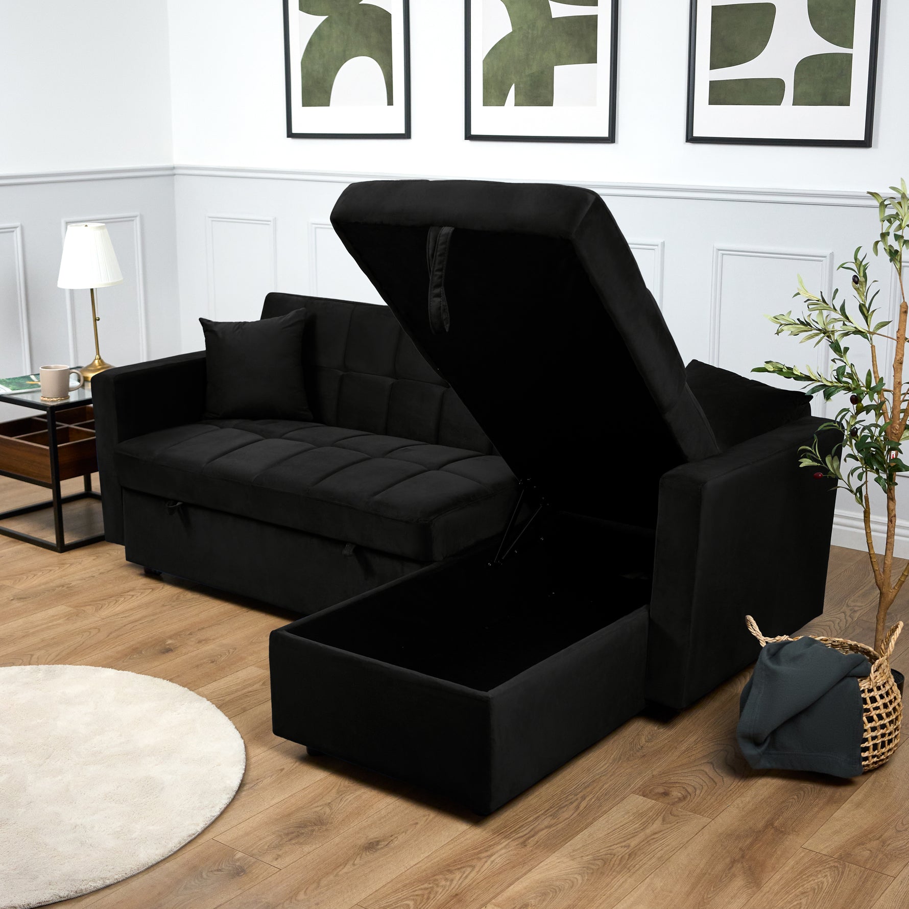 Milo Black Corner Sofa Bed with Storage - Velvet Sofa Bed & Pull Out Bed