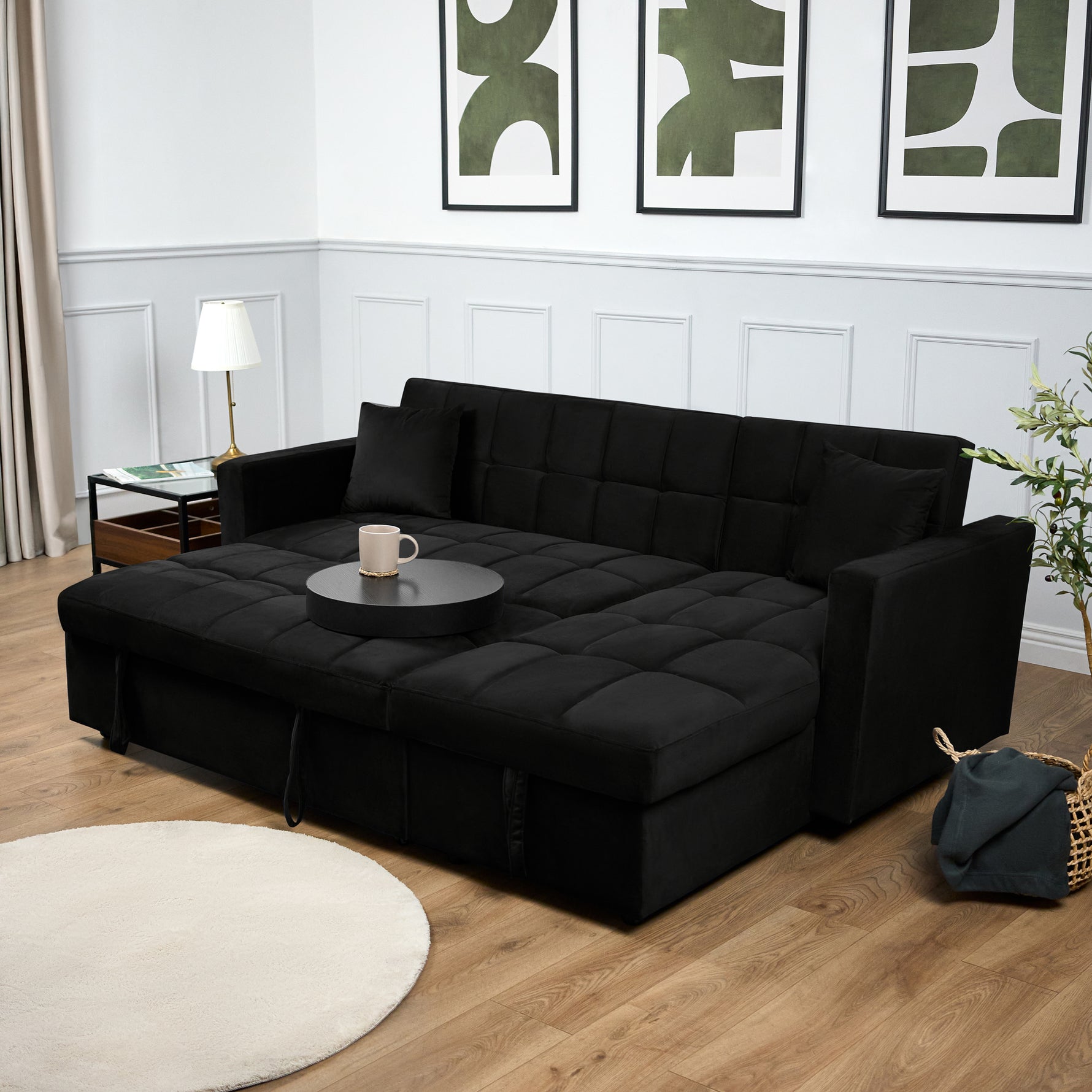 Milo Black Corner Sofa Bed with Storage - Velvet Sofa Bed & Pull Out Bed