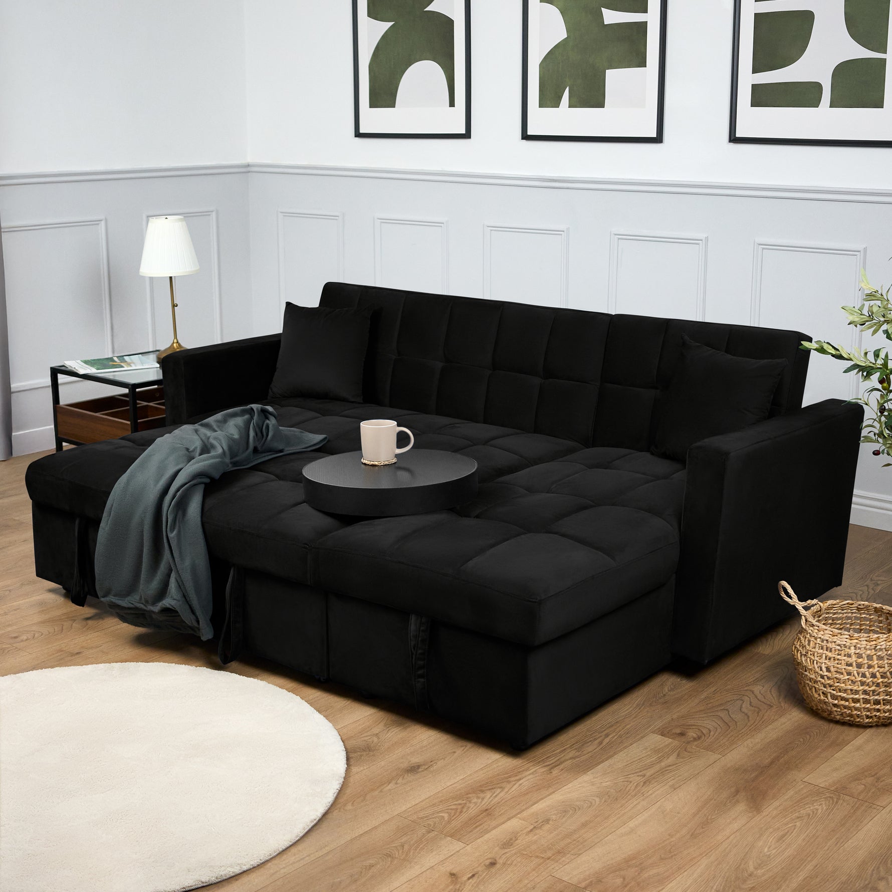 Milo Black Corner Sofa Bed with Storage - Velvet Sofa Bed & Pull Out Bed