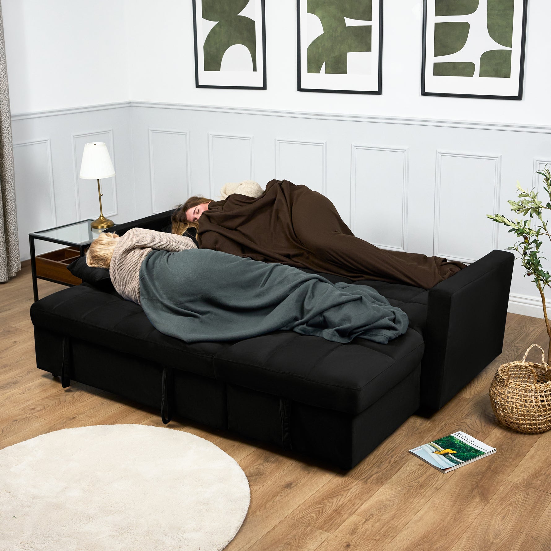 Milo Black Corner Sofa Bed with Storage - Velvet Sofa Bed & Pull Out Bed