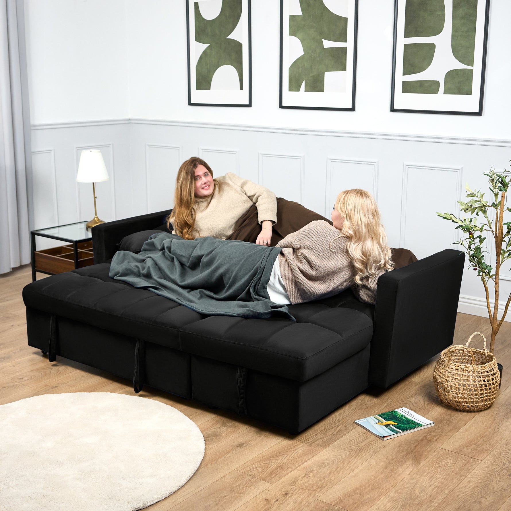 Milo Black Corner Sofa Bed with Storage - Velvet Sofa Bed & Pull Out Bed