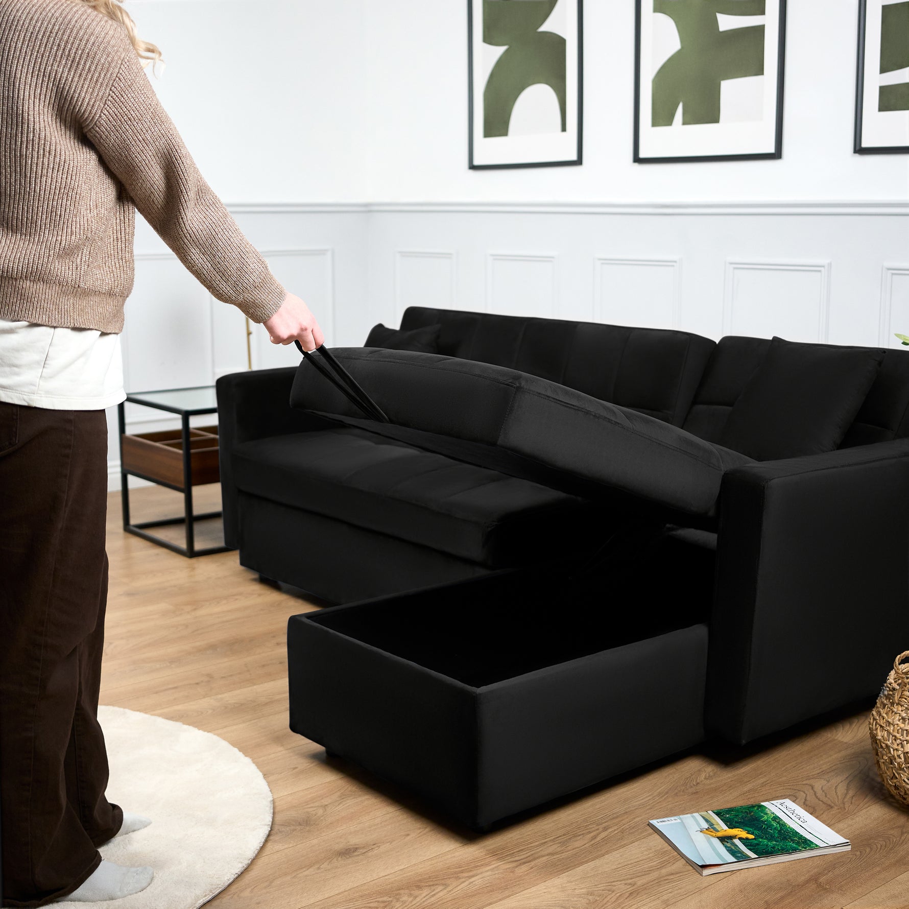 Milo Black Corner Sofa Bed with Storage - Velvet Sofa Bed & Pull Out Bed