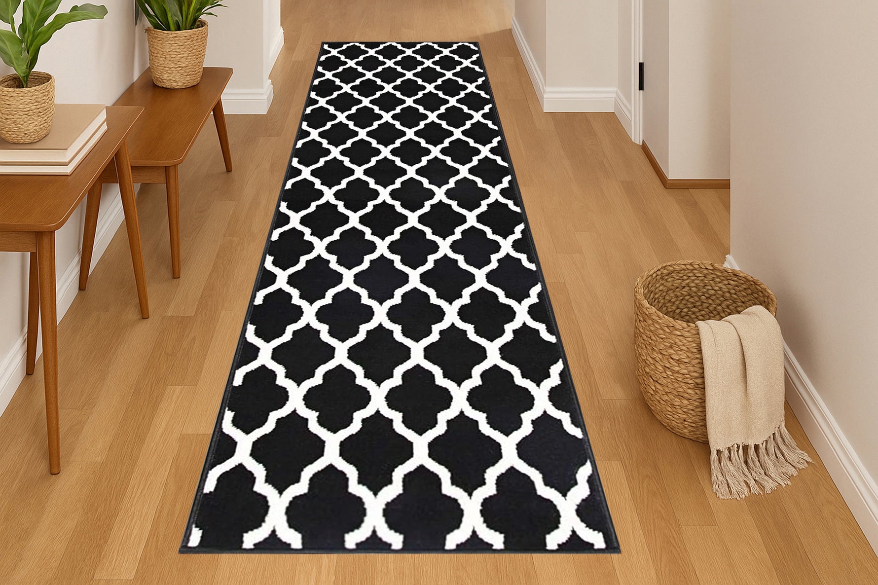 Black & White Trellis Runner Rug | Hessian Backed Flexible Stair & Hallway Carpet Runner