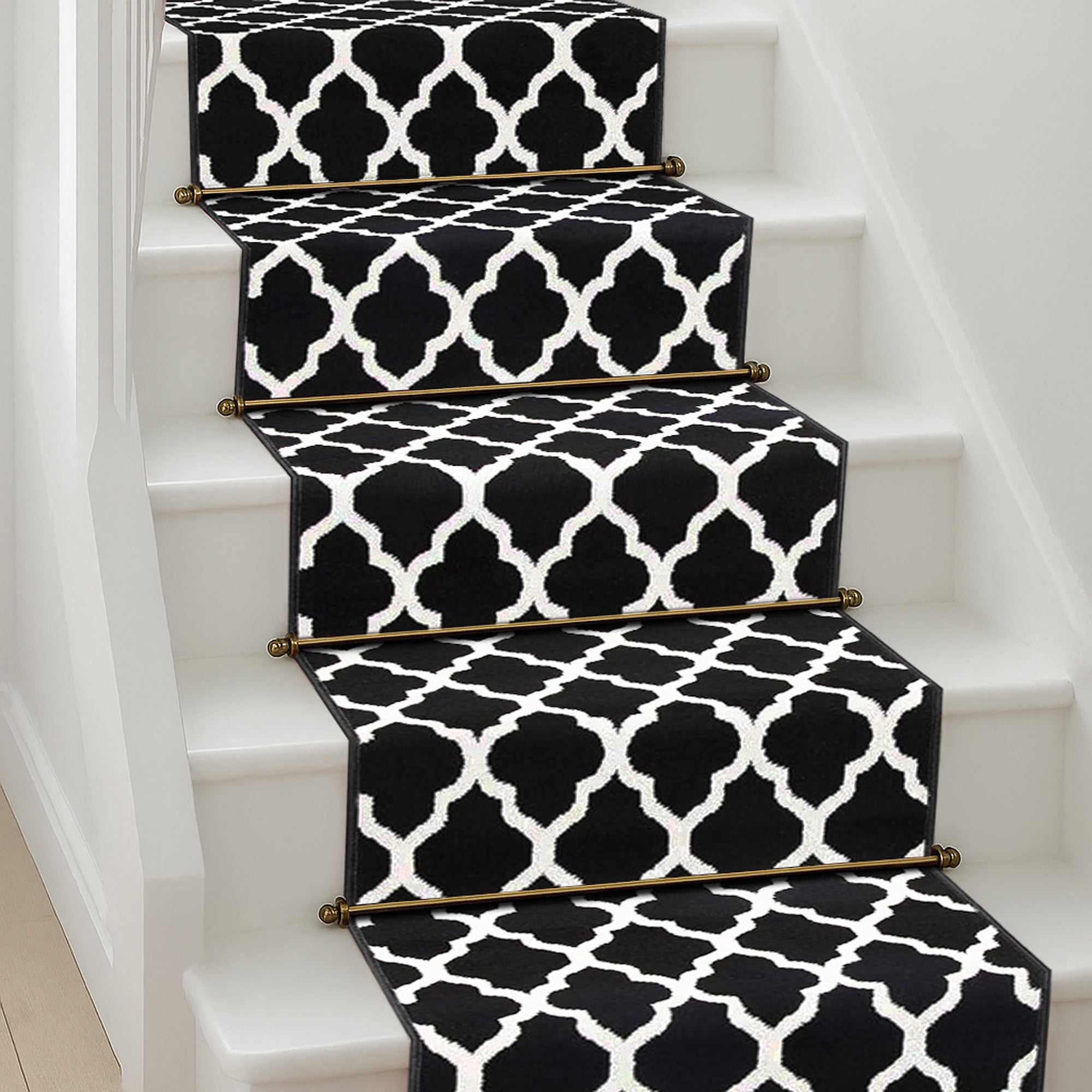 Texas Black and White Trellis Stair Runner, Moroccan Geometric Hessian Backed Hallway Runner, Custom Length