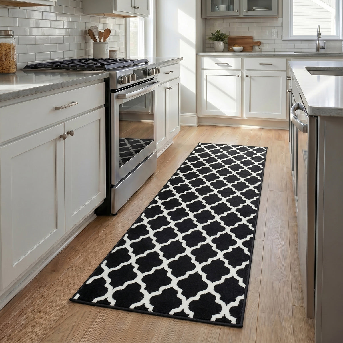 Texas Black and White Trellis Stair Runner, Moroccan Geometric Hessian Backed Hallway Runner, Custom Length