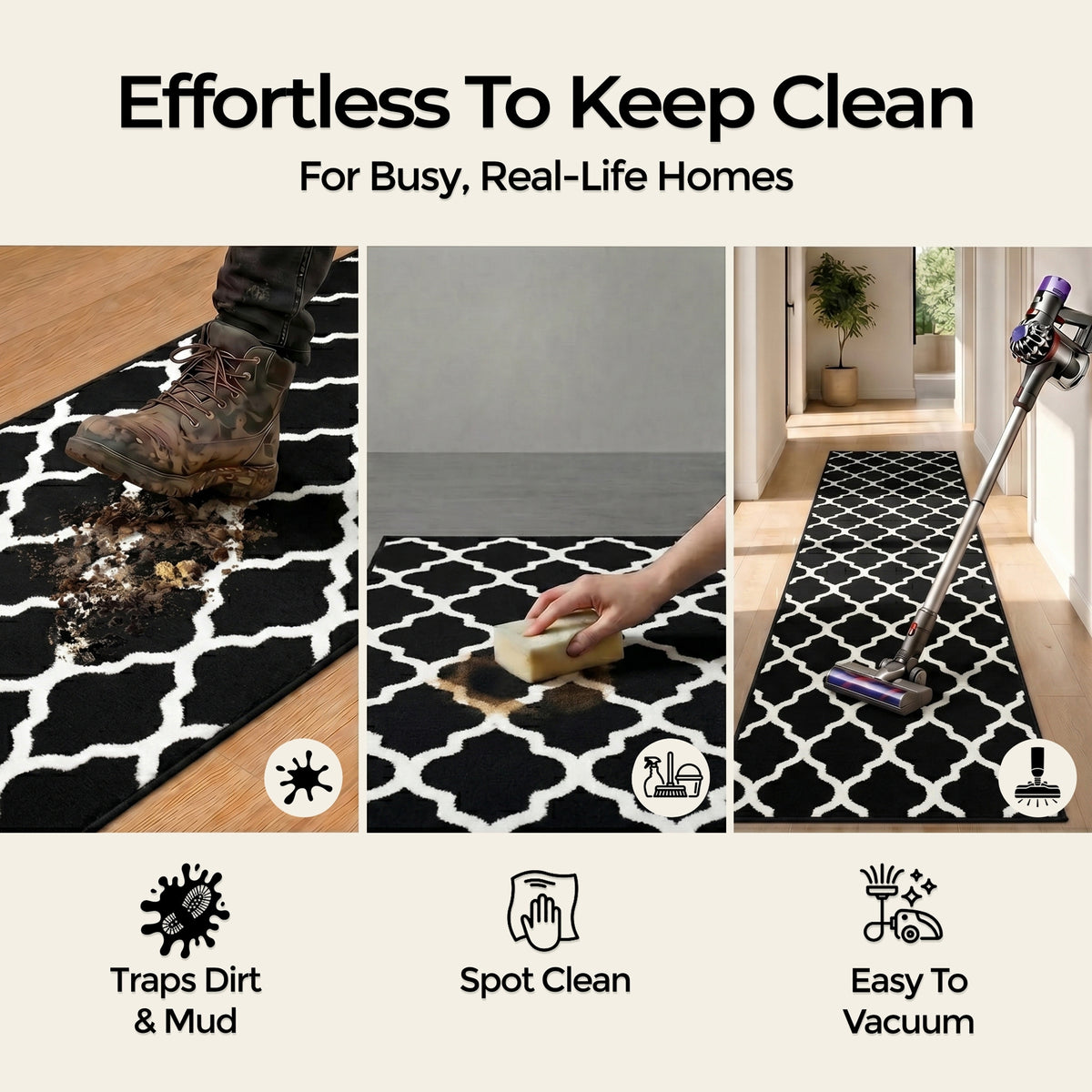 Texas Black and White Trellis Stair Runner, Moroccan Geometric Hessian Backed Hallway Runner, Custom Length
