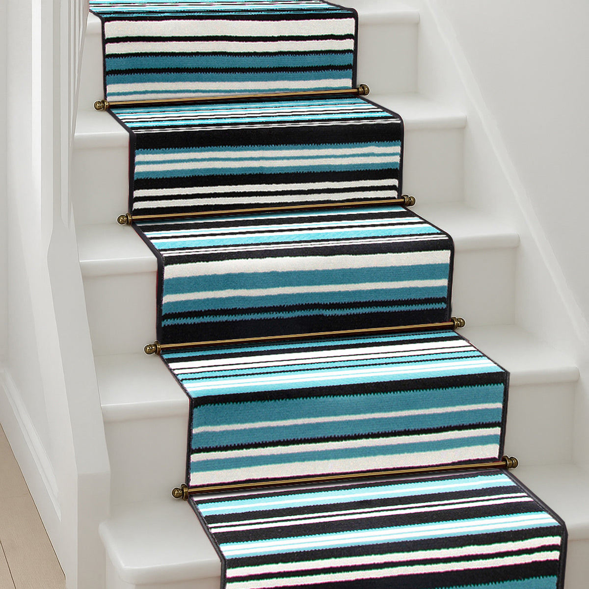 Texas Teal and Black Striped Stair Runner, Turquoise Lines Hallway Carpet Runner Rug, 60cm Wide, Custom Lengths