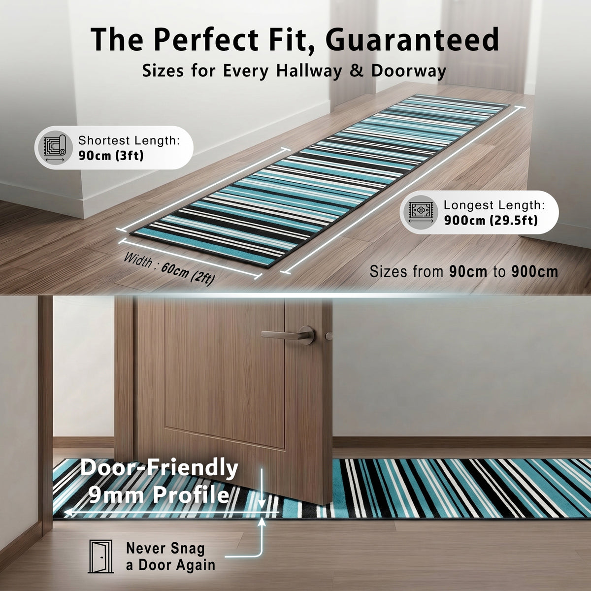 Texas Teal and Black Striped Stair Runner, Turquoise Lines Hallway Carpet Runner Rug, 60cm Wide, Custom Lengths