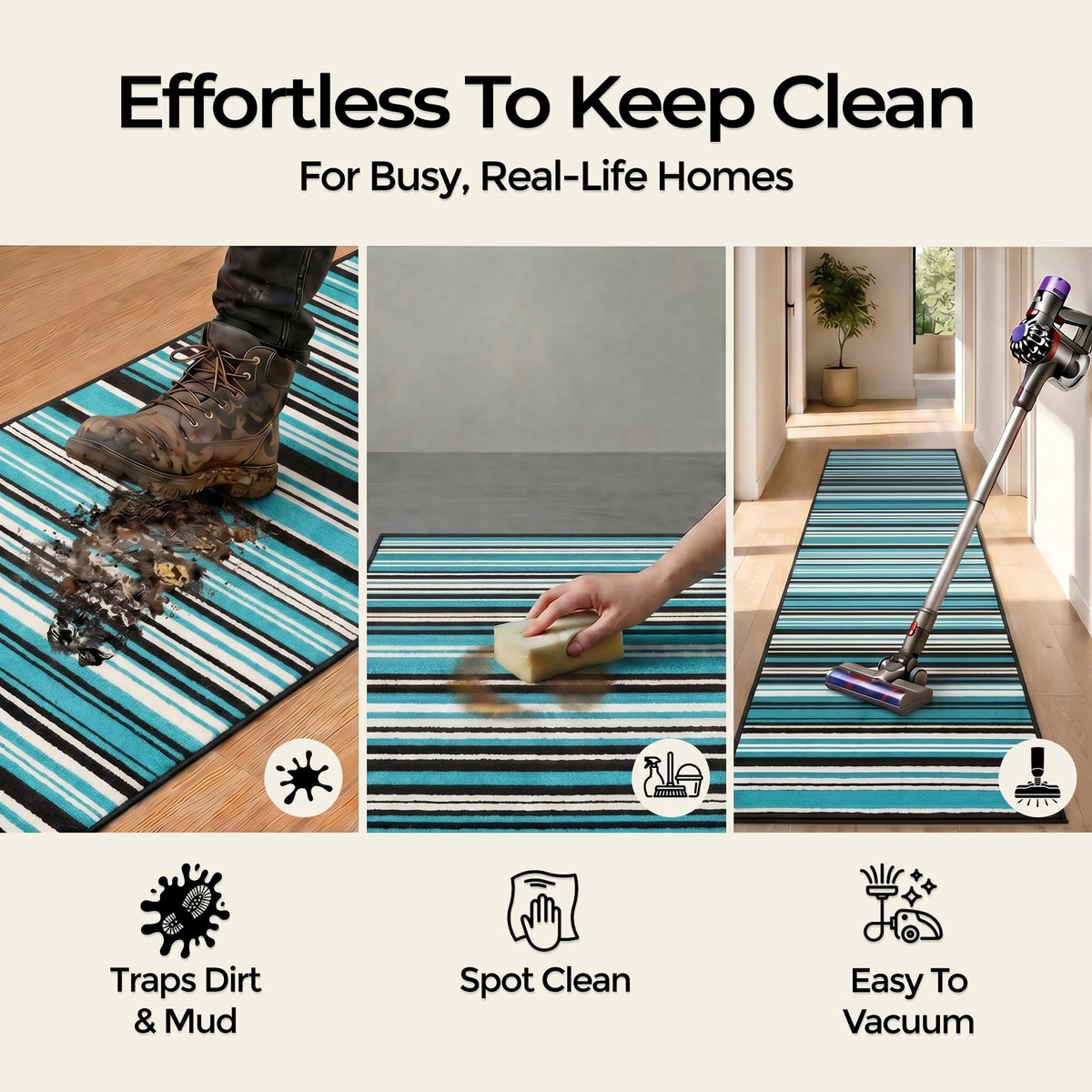 Texas Teal and Black Striped Stair Runner, Turquoise Lines Hallway Carpet Runner Rug, 60cm Wide, Custom Lengths
