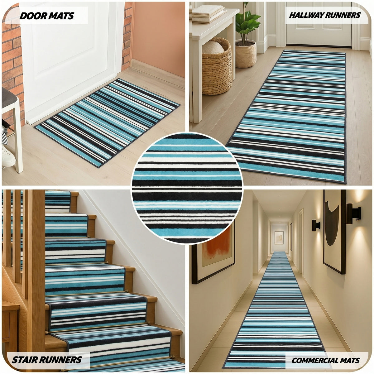 Texas Teal and Black Striped Stair Runner, Turquoise Lines Hallway Carpet Runner Rug, 60cm Wide, Custom Lengths