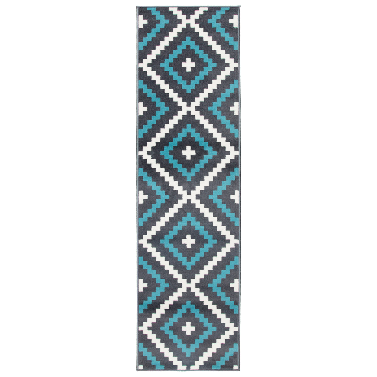 Tapis d'escalier de cuisine avec envers en toile de jute - Motifs géométriques bleu et gris du Texas