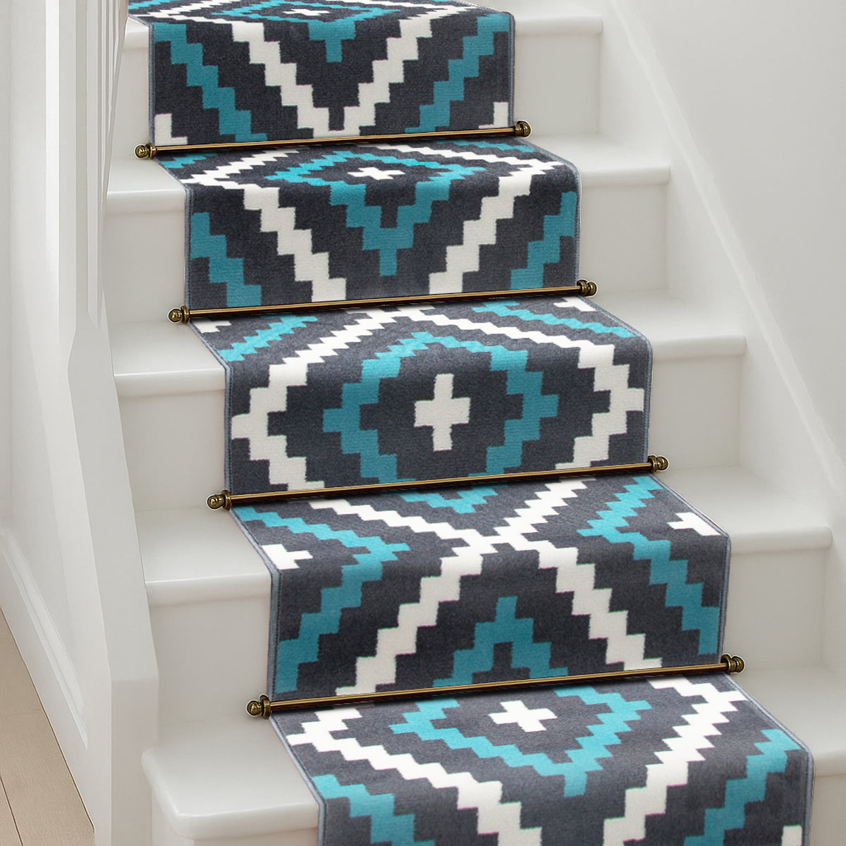 Tapis d'escalier de cuisine avec envers en toile de jute - Motifs géométriques bleu et gris du Texas