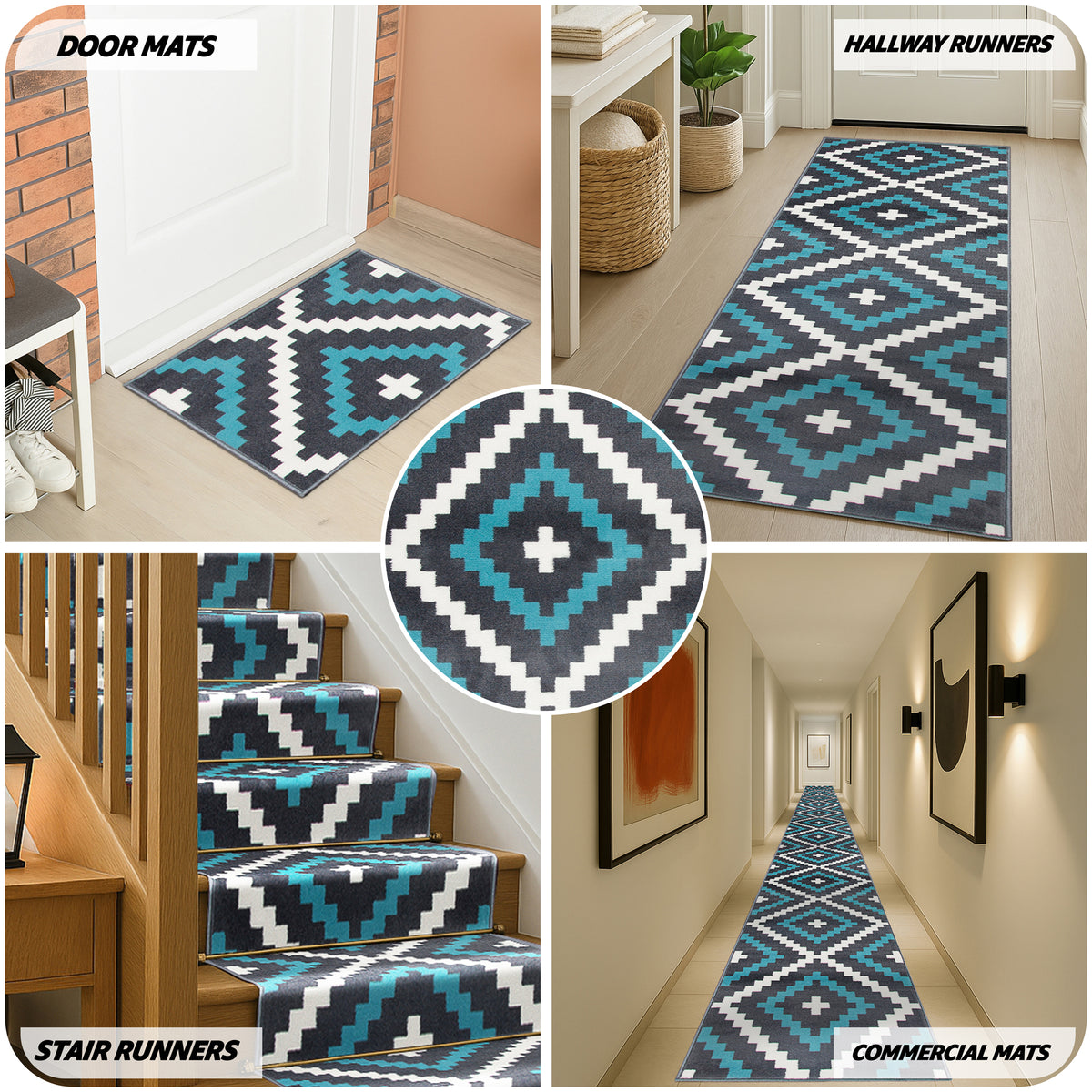 Tapis d'escalier de cuisine avec envers en toile de jute - Motifs géométriques bleu et gris du Texas