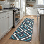 Tapis d'escalier de cuisine avec envers en toile de jute - Motifs géométriques bleu et gris du Texas