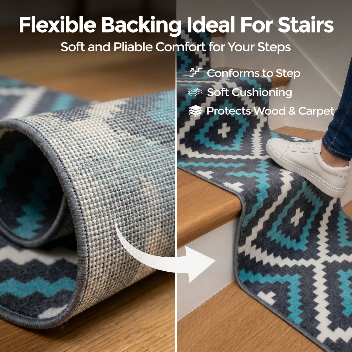 Tapis d'escalier de cuisine avec envers en toile de jute - Motifs géométriques bleu et gris du Texas